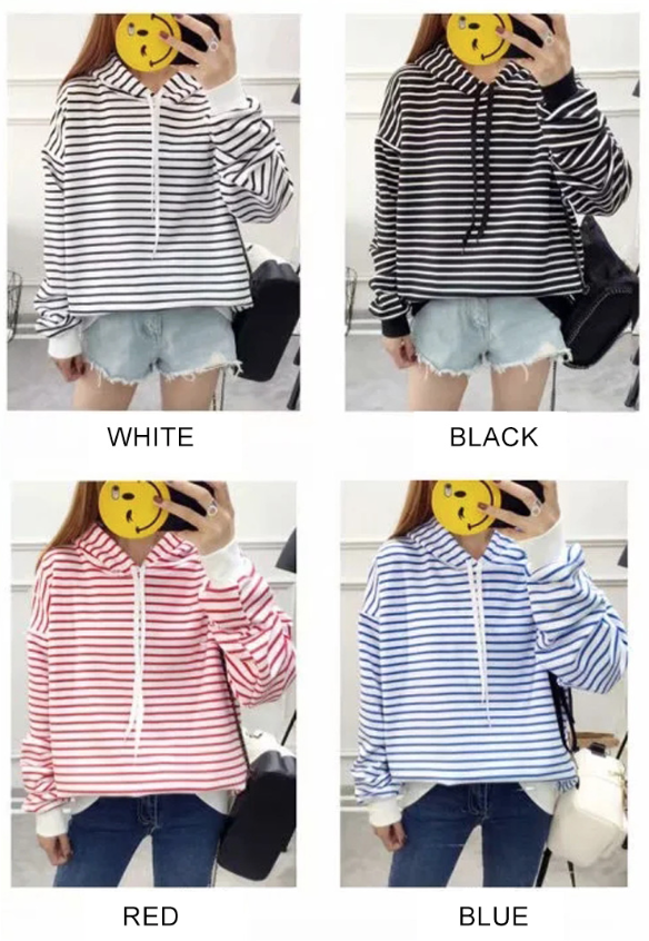 QA-874 - Fashion Stripe Hooded Top White